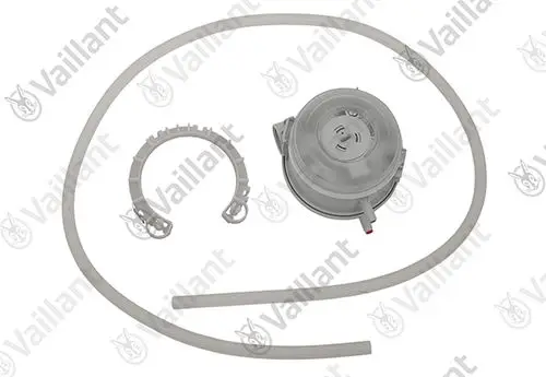Vaillant Druckwächter mit Anschluss- und Verbindungsteilen, bestehend aus einem Gehäuse, einem Schlauch und einer Halterung.